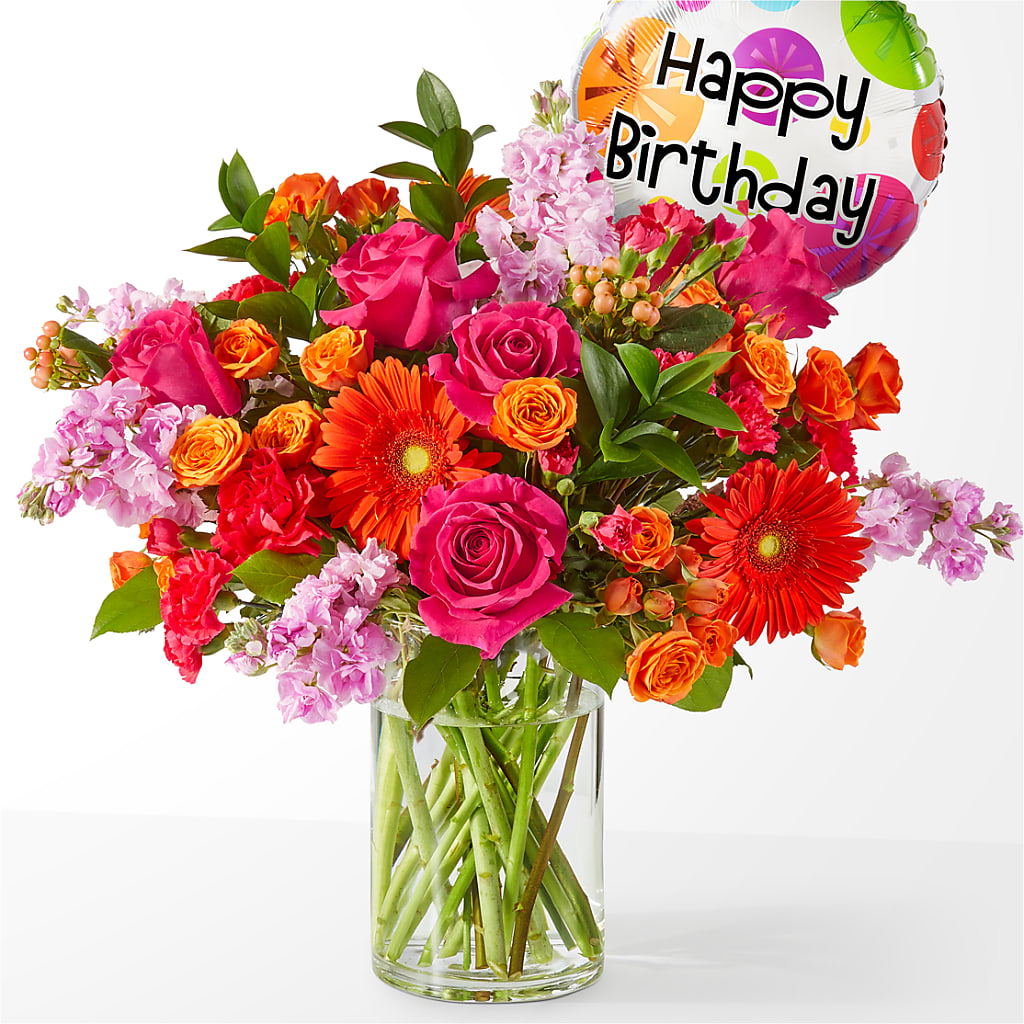 Fiesta Bouquet with Birthday Balloon – Balloon Creations By Maria And Flower, Wilmington DE