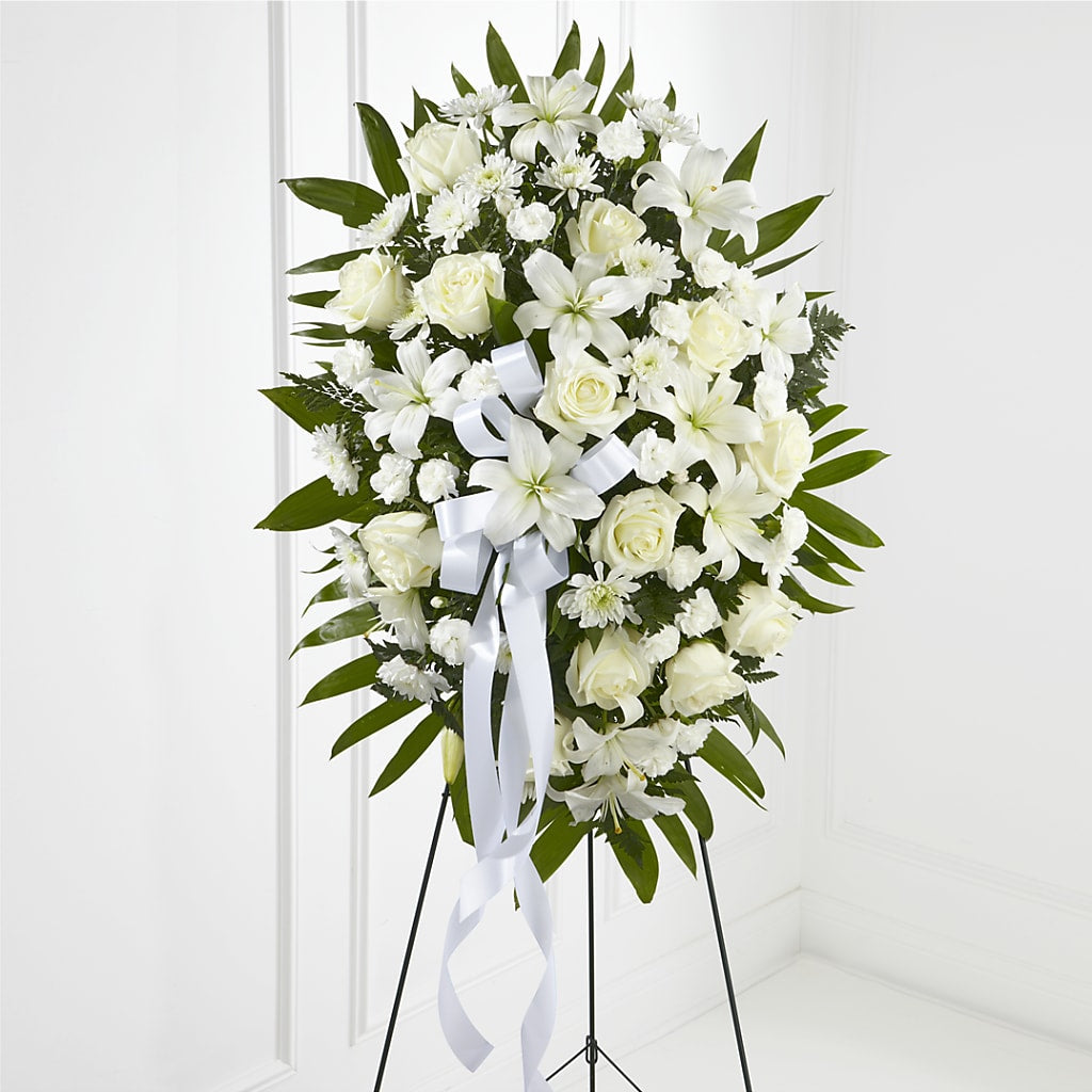 Exquisite Tribute Standing Spray-White Ribbon – Balloon Creations By Maria And Flower, Wilmington DE