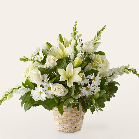 Ivory Elegance Floral Basket –  Balloon Creations By Maria And Flower, Wilmington DE
