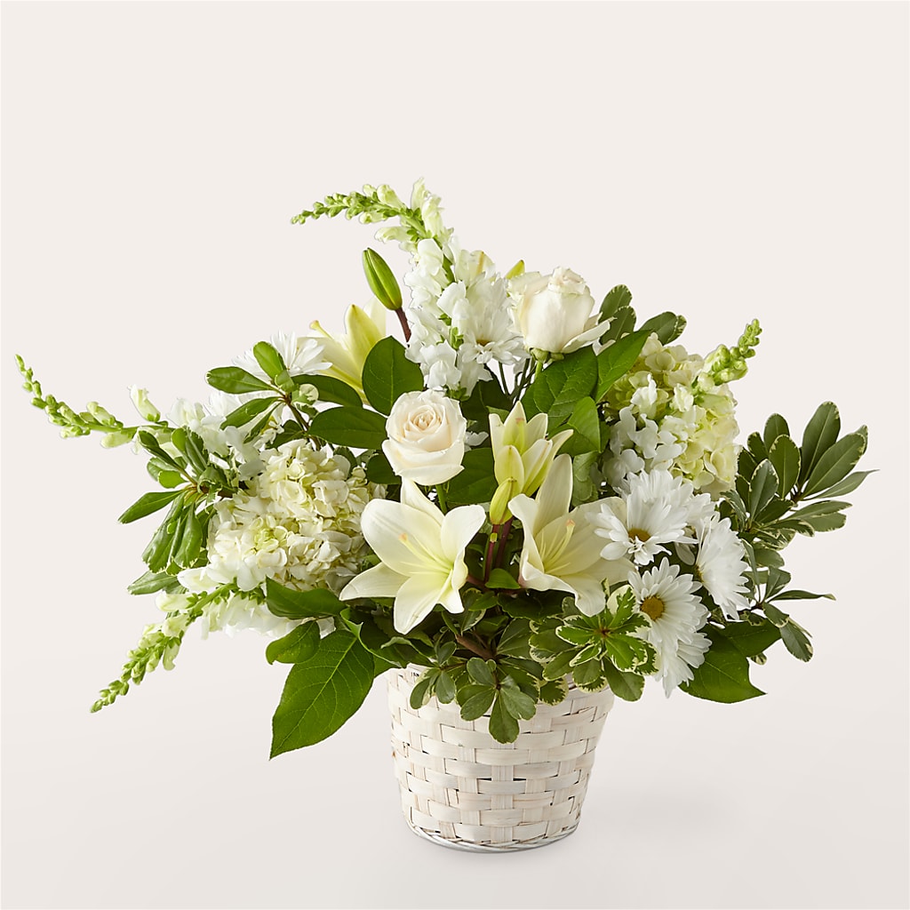 Ivory Elegance Floral Basket –  Balloon Creations By Maria And Flower, Wilmington DE