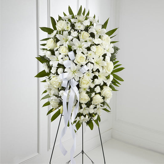 Exquisite Tribute Standing Spray-White Ribbon –  Balloon Creations By Maria And Flower, Wilmington DE