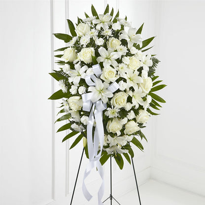 Exquisite Tribute Standing Spray-White Ribbon –  Balloon Creations By Maria And Flower, Wilmington DE