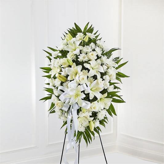 Exquisite Tribute Standing Spray-White Ribbon –  Balloon Creations By Maria And Flower, Wilmington DE