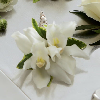 White Mini Cymbidium Boutonniere –  Balloon Creations By Maria And Flower, Wilmington DE